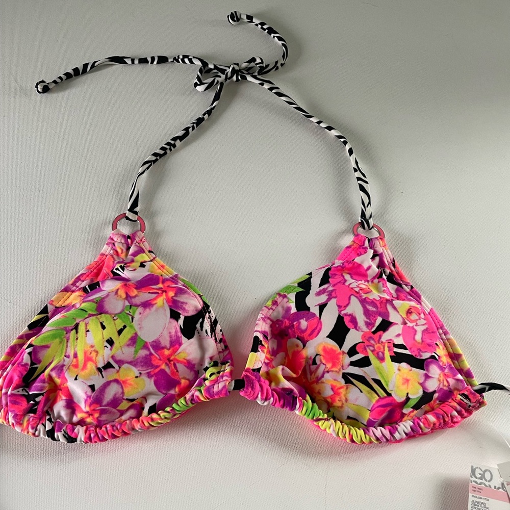 BONGO Zebra Floral Bikini Top Hawaiian Print Pink Yellow Fun Wild Colorful Beach